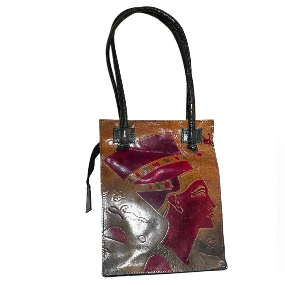80’s NEFERTITI EGYPTIAN motif hard to find Handcrafted Leather Tote shoulder bag